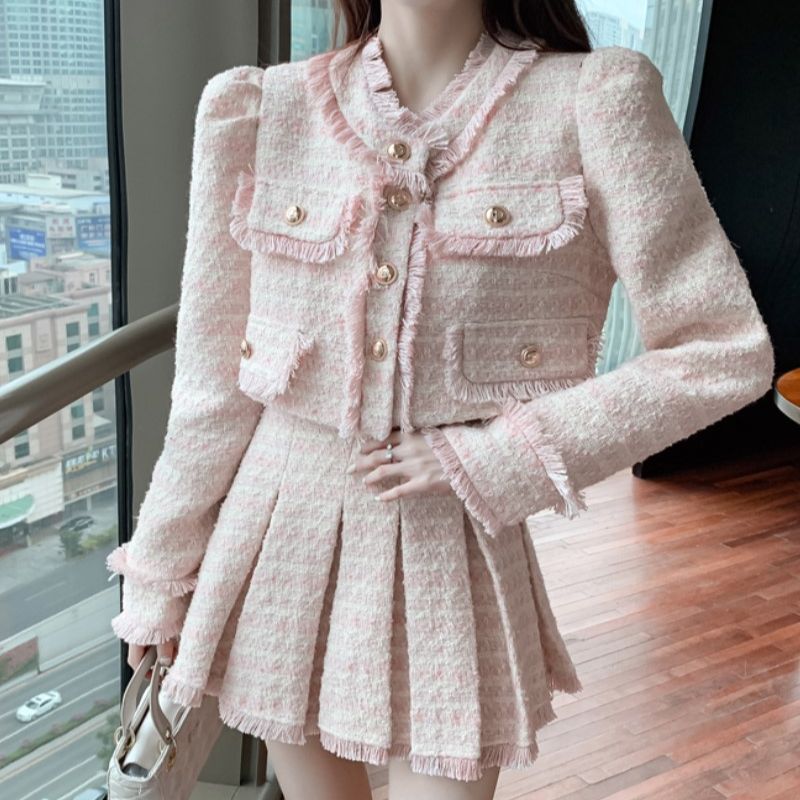 Clothing Style Winter - Conjunto de roupas rosa Jacquard Tweed